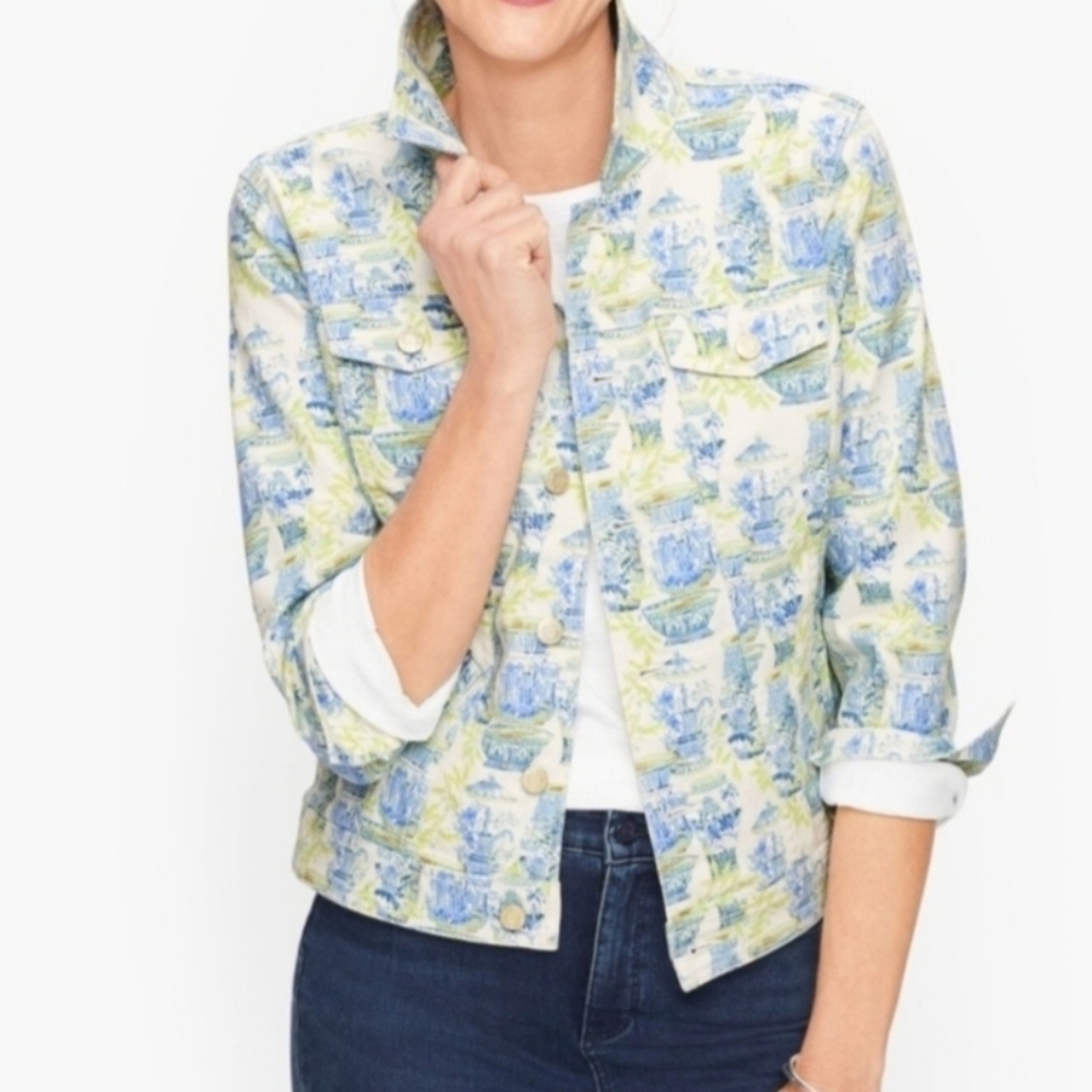 Talbots Women's Denim Jacket in Blue and Green Print
